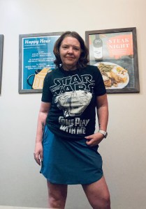 Bathroom selfie of me in a star wars drool apparel shirt ready for the day.