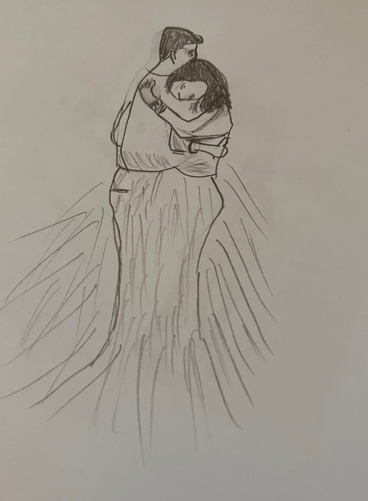 A sketch of a couple embracing, showcasing affection and intimacy.