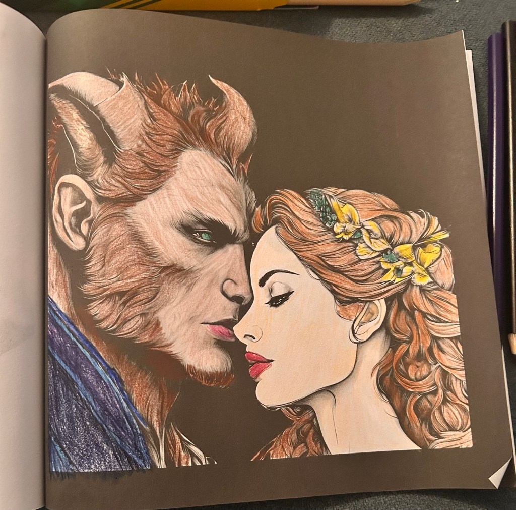 A detailed illustration of a beast and a woman with their faces close together, showcasing an emotional connection. The beast has fur and pronounced features, while the woman has long, flowing hair adorned with flowers.